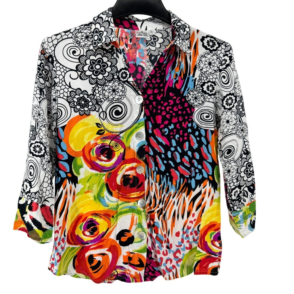Parsley Sage Shirt Women Small Artsy Abstract Geo Art‎ to Wear Button multicolor